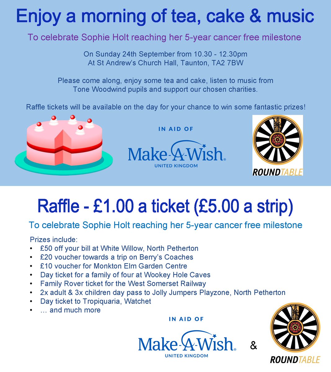 We invite you to join us for a morning of tea, cake &amp; music to celebrate Sophie Holt reaching her 5-year cancer free milestone!

Event details:
• Sunday 24th September
• 10:30am - 12:30pm
• St Andrew's Church Hall, Taunton, TA2 7BW

Raffle tickets available on the day 🎟️