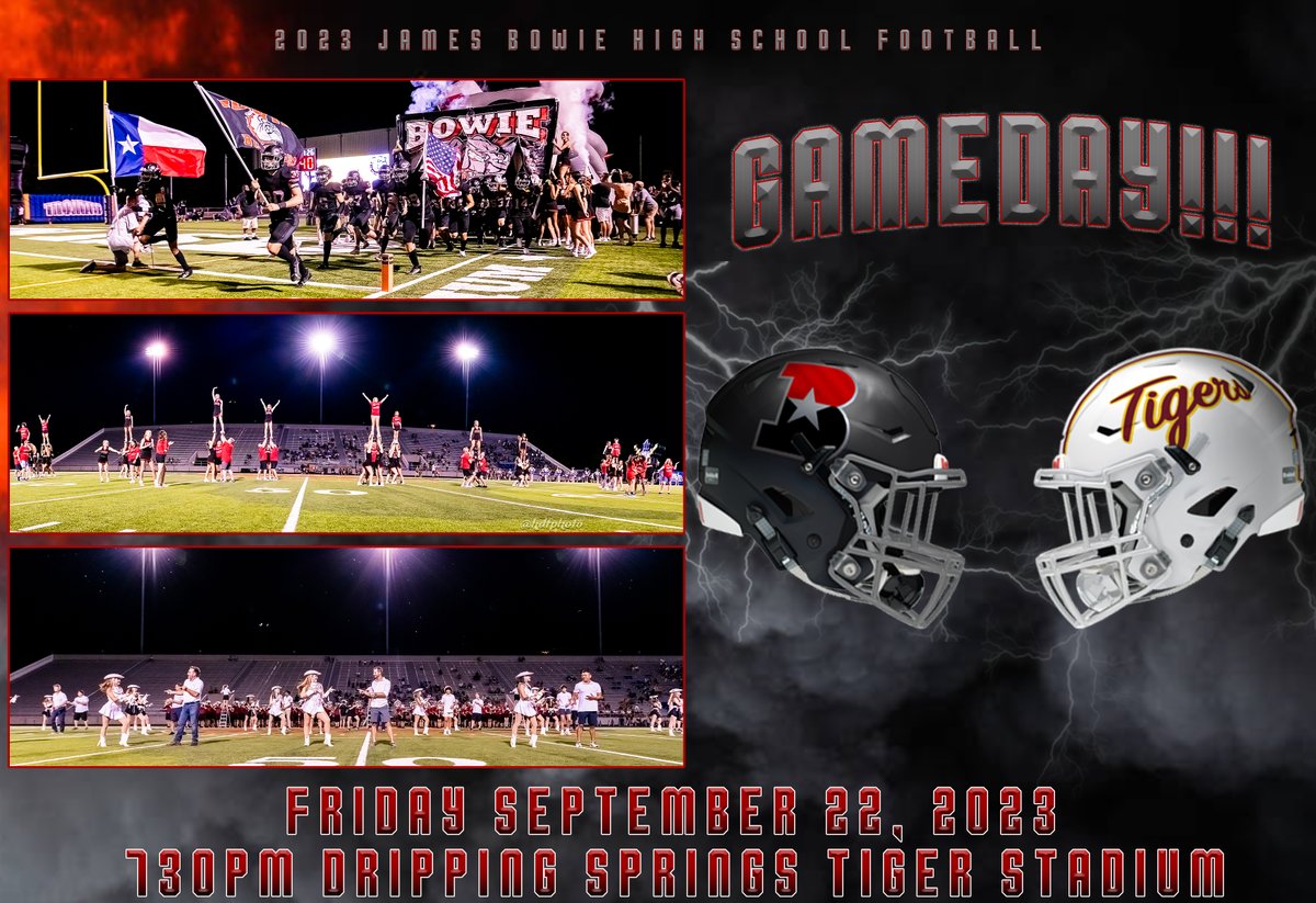 It's the 5th game of the 2023 football season and tonight should be a good one in DS. Come out and support the Bowie Bulldawgs vs Dripping Springs at DS Tiger Stadium. Go DAWGS!!!🏈🐾 @AISDBowie @hdfphoto @JBHSSilverStars @BowieCheer @dctf @var_austin #txhsfb