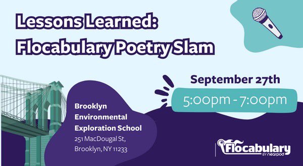 Calling all EDUCATORS! 📣 Flocabulary is hosting an open mic/poetry slam event on September 27th in Brooklyn, NY! 🎤🎉 Come join us for an evening filled with creativity, fun, and FREE food and swag! 🍔🎁 Our theme for the night is 'Lessons Learned”. Message me for RSVP link!