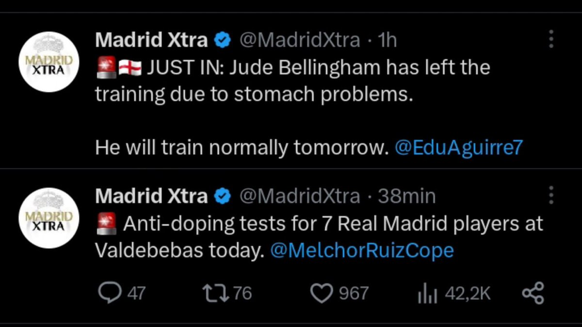 _Futbolero_'s tweet photo. Control antidopaje en el Madrid el mismo día que Bellingham tiene problemas estomacales. Ya es mala suerte, ¿eh? https://t.co/p0QhzsmcwK