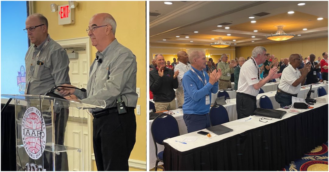 IAABO's tweet photo. Felix Addeo, Executive Director, IAABO, Inc. recognized TJ Halliday, Director of Learning and Development, IAABO, Inc, for his outstanding service and vision to move IAABO forward in areas of Learning and Development.  Great job, TJ. #IAABO #OneRuleOneInterpretion https://t.co/toFdFTUcp8