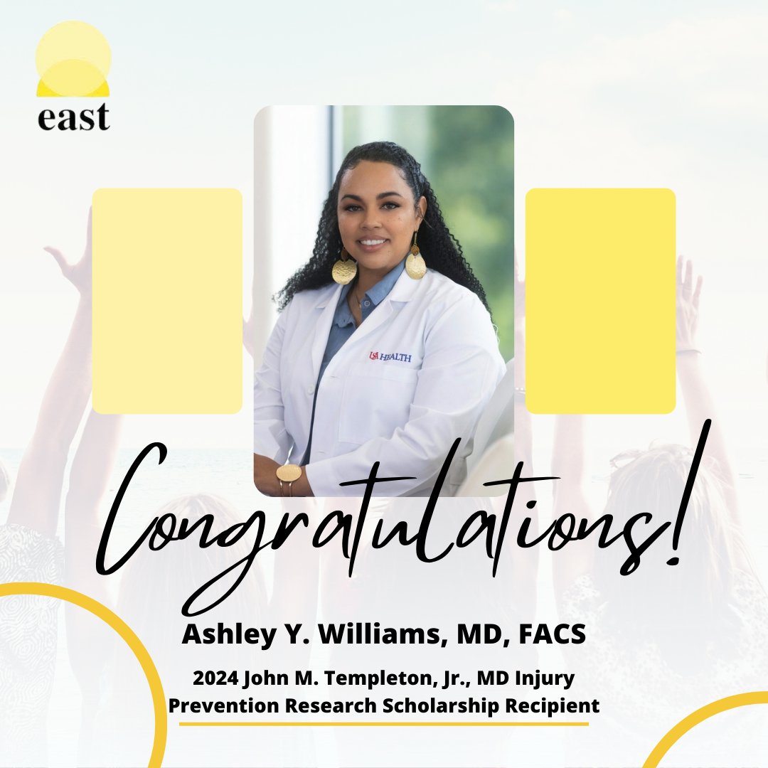 EAST (@east_trauma) on Twitter photo Congratulations to the 2024 John M. Templeton, Jr., MD Injury Prevention Research Scholarship recipient, Dr. Ashley Y. Williams, MD, FACS, for her study titled “Project Inspire: Curbing Gun Violence through Youth Empowerment.” <a href="/AWilliams_MD/">Ashley Williams, M.D.</a>
#eastorg #medtwitter #surgtwitter Congratulations to the 2024 John M. Templeton, Jr., MD Injury Prevention Research Scholarship recipient, Dr. Ashley Y. Williams, MD, FACS, for her study titled “Project Inspire: Curbing Gun Violence through Youth Empowerment.” <a href="/AWilliams_MD/">Ashley Williams, M.D.</a>
#eastorg #medtwitter #surgtwitter