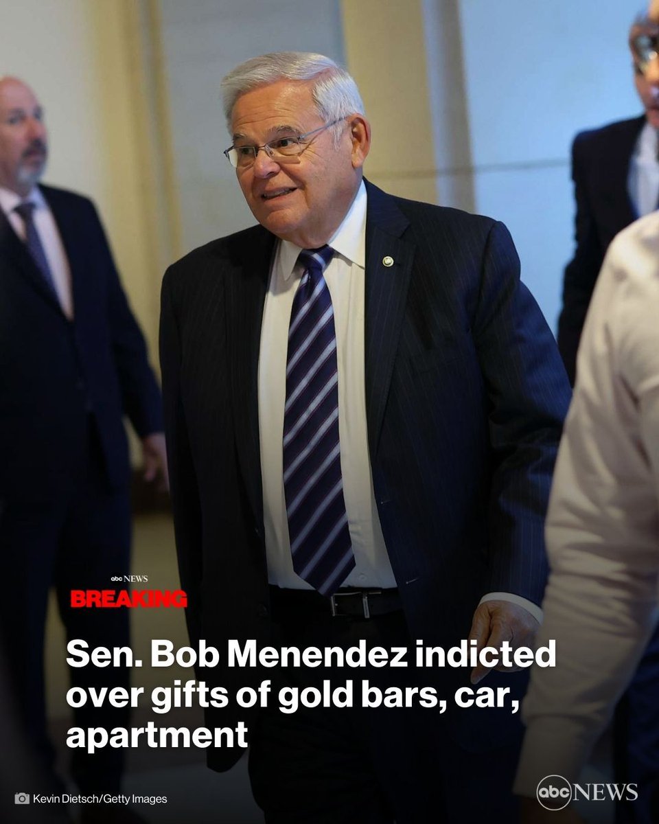 ABC's tweet image. BREAKING: United States Sen. Bob Menendez, D-N.J., has been indicted by a federal grand jury in New York.

The investigation focused on a luxury car, gold bars and an apartment allegedly received by Menendez and his wife.

The latest: abcnews.go.com/Politics/sen-b…