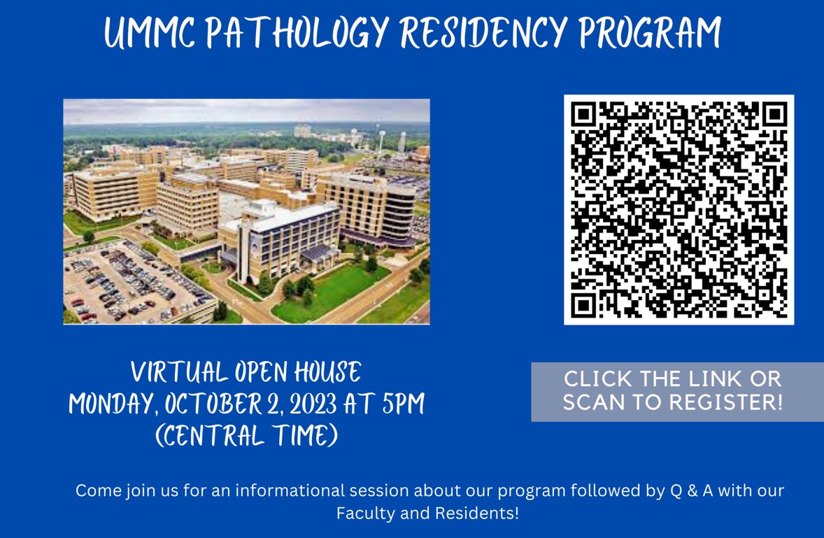 🔬Attention all Pathology applicants!!!!🔬 Come join us Monday, Oct. 2nd at 5pm CST for an informational session about our program followed by Q & A with our Faculty and Residents! Click the link in the bio or scan the QR code. We can't wait to see everyone! #PathologyMatch