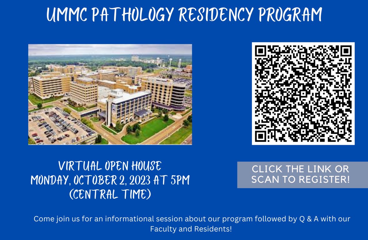 🔬Attention all Pathology applicants!!!!🔬
Come join us Monday, Oct. 2nd at 5pm CST for an informational session about our program followed by Q &amp; A with our Faculty and Residents! Click the link in the bio or scan the QR code. We can't wait to see everyone!
#PathologyMatch