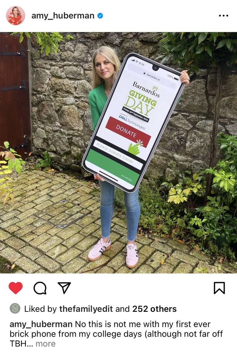 Barnardos Ireland (@barnardos_irl) on Twitter photo It’s no Blockia but it’s not far off! ☎️
<a href="/amyhuberman/">Amy Huberman</a> sharing the love and spreading the word with our #GivingDay phone🫶🏻
Luckily, these days, it’s easier than ever to give on days like today using your smartphone!
📲 just click barnardos.ie/donate 💚 It’s no Blockia but it’s not far off! ☎️
<a href="/amyhuberman/">Amy Huberman</a> sharing the love and spreading the word with our #GivingDay phone🫶🏻
Luckily, these days, it’s easier than ever to give on days like today using your smartphone!
📲 just click barnardos.ie/donate 💚