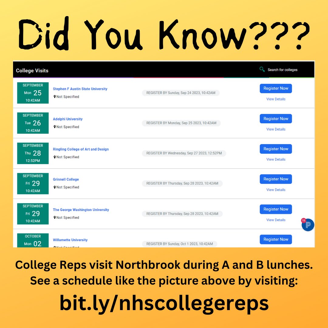 Ms. Kretschmar (@kakretschmar) on Twitter photo .<a href="/northbrookhigh/">Northbrook High School</a> Meet your college reps during lunches. See who’s visiting each week by going to bit.ly/nhscollegereps .<a href="/northbrookhigh/">Northbrook High School</a> Meet your college reps during lunches. See who’s visiting each week by going to bit.ly/nhscollegereps