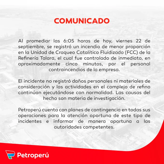 Refinería de Talara: Comunicado de Petroperú.