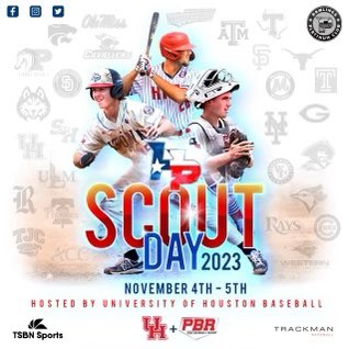 🚨 Scout Day 2023 🚨 📍 @UHCougarBB 🗓️ November 4th & 5th 👨‍🎓’24, ‘25, ‘26, ‘27 📊 @PBR_Texas 📺 @TSBNSports 💻 @TrackManBB