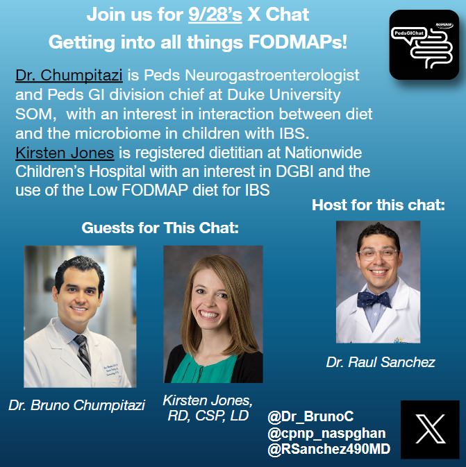 Get excited for the upcoming new X-chat on low-#FODMAP diets in pediatric patients! Next Thursday (9/28) we will be joined by @Dr_BrunoC and Kirsten Jones running the @cpnp_naspghan handle to discuss all the #FODMAP questions! @RossMaltz @temarahajjat @KevinWatsonJrMD
