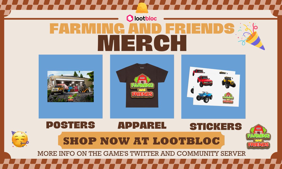 We have partnered with our friends @lootbloc to release merch for Farming and Friends! Visit lootbloc.com/collections/fa… to find official FaF stickers, posters, and shirts!