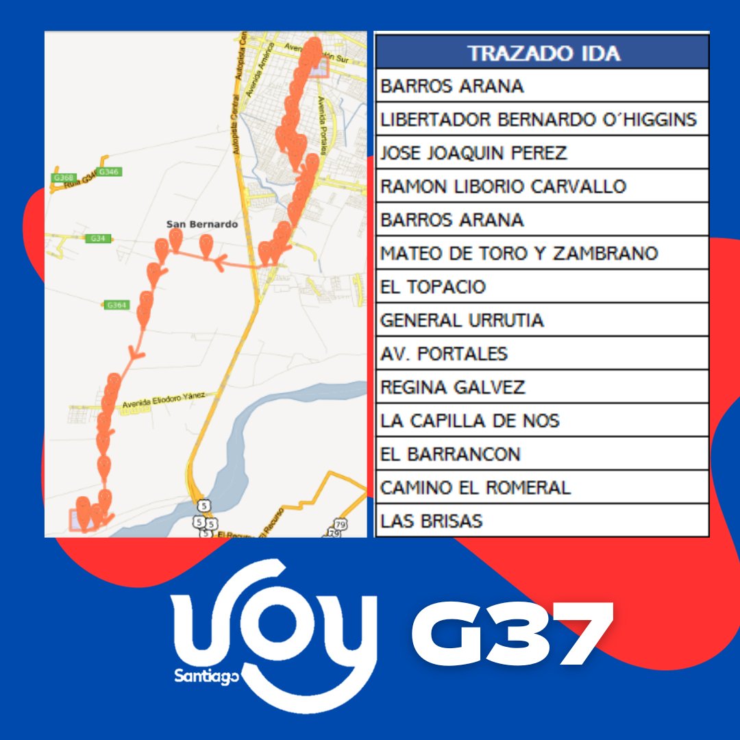 VoySantiago's tweet photo. 📌A partir de mañana🚍23 de Septiembre, comenzaremos a operar el nuevo servicio G37, que beneficiará a los vecinos de la comuna de #SanBernardo👏🏻😉
@transantiago  @Red_Movilidad @SanBernardocl  @TTISantiago @profesor_white @DTPMet @MTTChile @MTTStgo https://t.co/zLByc4dbi4