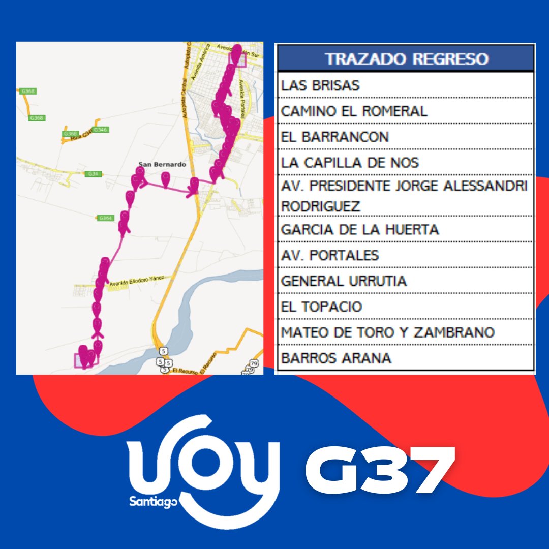 VoySantiago's tweet photo. 📌A partir de mañana🚍23 de Septiembre, comenzaremos a operar el nuevo servicio G37, que beneficiará a los vecinos de la comuna de #SanBernardo👏🏻😉
@transantiago  @Red_Movilidad @SanBernardocl  @TTISantiago @profesor_white @DTPMet @MTTChile @MTTStgo https://t.co/zLByc4dbi4