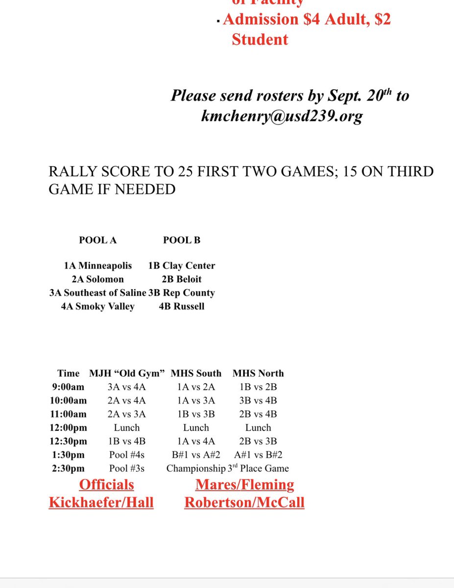JV Volleyball schedule for Minneapolis Tournament on Saturday.