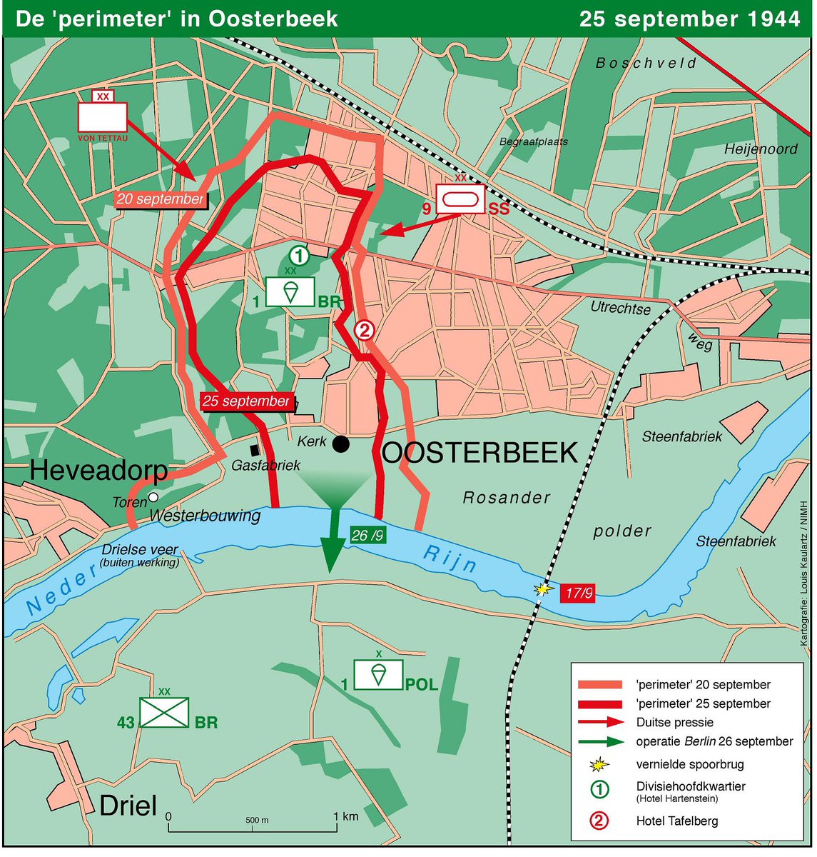 Mr_Andrew_Fox's tweet photo. The Battle of Arnhem, Day 5 & 6, 21-22 September: 1944.

Carnage.

The remnants of 1st Airborne Division have dug in on the Oosterbeek perimeter. They comprise the remnants of shattered battalions who had attempted to assault into Arnhem, and those units who had remained on the drop zones and landing zones. Only one of the nine infantry battalions, 1st Border Regiment, can still be considered a formed unit. 

Commanded by Major General Roy Urquhart (third picture), 1st Airborne Division have occupied a perimeter centred on the Hartenstein Hotel. The perimeter is 3 miles in circumference, and manned by only 3,600 of the 10,000 airborne soldiers who landed at Arnhem. The rest are missing, injured, captured or killed. By Day 5, the Germans in Arnhem outnumber the British 3:1.

The first map shows the rough dispositions of units on 20 September (note Lonsdale Forces’s position in the south east, from yesterday’s post). The second map shows how the perimeter shrinks over the next five days.

A number of events save the British from annihilation. 2nd Para Bn’s heroic stand at Arnhem Bridge, although ultimately defeated, had prevented the Germans crossing it and reinforcing their own troops at Nijmegen. This bought the time needed for the US 82nd Airbone and British 30 Armoured Corps to capture and cross Nijmegen Bridge. Support for the troops at Arnhem was on its way.

The Oosterbeek Perimeter plan made a point of securing the Driel crossing. This left an option open for a bridgehead for supporting troops, or an exit strategy. 

Stanislaw Sosabowski’s 1st (Polish) Parachute Brigade were able to take off and drop airborne reinforcements. Troop Carrier Command attempted to call off the mission and 41 of the 114 C-47 Dakotas turned back, but by luck, the others did not receive the message and pressed on. They landed at Driel, south of the river. This forced the Germans to commit forces away from the Oosterbeek Perimeter to deal with the Polish threat. (More to come on the Poles in a later tweet.) 

On Day 6, 30 Corps armour begin to link up with the Polish forces dug in at Driel. Two of Urquhart’s staff officers swim the Rhine to carry messages to the Poles. That night, 55 Poles make it across the river and only 35 eventually reach the Perimeter to reinforce it.

The biggest stroke of luck for the besieged Brits, however, was finally making radio contact with the artillery of 30 Corps, still advancing from the South. They were able to call in vital artillery fire onto the assaulting Germans, as well as use the radio link to reach the Headquarters of 30 Corps. This proved vital for the subsequent evacuation.

In the meantime, the battle at Oosterbeek Perimeter ground on.