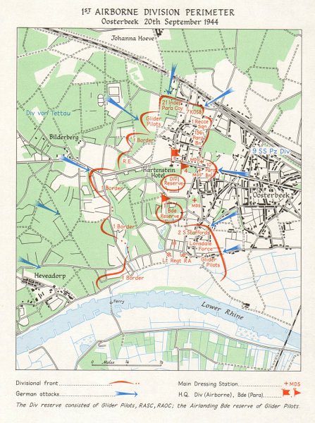 Mr_Andrew_Fox's tweet photo. The Battle of Arnhem, Day 5 & 6, 21-22 September: 1944.

Carnage.

The remnants of 1st Airborne Division have dug in on the Oosterbeek perimeter. They comprise the remnants of shattered battalions who had attempted to assault into Arnhem, and those units who had remained on the drop zones and landing zones. Only one of the nine infantry battalions, 1st Border Regiment, can still be considered a formed unit. 

Commanded by Major General Roy Urquhart (third picture), 1st Airborne Division have occupied a perimeter centred on the Hartenstein Hotel. The perimeter is 3 miles in circumference, and manned by only 3,600 of the 10,000 airborne soldiers who landed at Arnhem. The rest are missing, injured, captured or killed. By Day 5, the Germans in Arnhem outnumber the British 3:1.

The first map shows the rough dispositions of units on 20 September (note Lonsdale Forces’s position in the south east, from yesterday’s post). The second map shows how the perimeter shrinks over the next five days.

A number of events save the British from annihilation. 2nd Para Bn’s heroic stand at Arnhem Bridge, although ultimately defeated, had prevented the Germans crossing it and reinforcing their own troops at Nijmegen. This bought the time needed for the US 82nd Airbone and British 30 Armoured Corps to capture and cross Nijmegen Bridge. Support for the troops at Arnhem was on its way.

The Oosterbeek Perimeter plan made a point of securing the Driel crossing. This left an option open for a bridgehead for supporting troops, or an exit strategy. 

Stanislaw Sosabowski’s 1st (Polish) Parachute Brigade were able to take off and drop airborne reinforcements. Troop Carrier Command attempted to call off the mission and 41 of the 114 C-47 Dakotas turned back, but by luck, the others did not receive the message and pressed on. They landed at Driel, south of the river. This forced the Germans to commit forces away from the Oosterbeek Perimeter to deal with the Polish threat. (More to come on the Poles in a later tweet.) 

On Day 6, 30 Corps armour begin to link up with the Polish forces dug in at Driel. Two of Urquhart’s staff officers swim the Rhine to carry messages to the Poles. That night, 55 Poles make it across the river and only 35 eventually reach the Perimeter to reinforce it.

The biggest stroke of luck for the besieged Brits, however, was finally making radio contact with the artillery of 30 Corps, still advancing from the South. They were able to call in vital artillery fire onto the assaulting Germans, as well as use the radio link to reach the Headquarters of 30 Corps. This proved vital for the subsequent evacuation.

In the meantime, the battle at Oosterbeek Perimeter ground on.