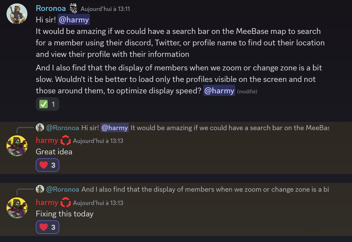 Roronoabsl's tweet photo. What more could you ask for than a Dev so dedicated to his project?

Idea submitted at 11:11am UTC today, 50mins later the profile display is really faster and 2 hours later the search bar is available

Thanks for the speed and quality of the update, you are the best @_harmy 👑 https://t.co/UsniMSIbOW