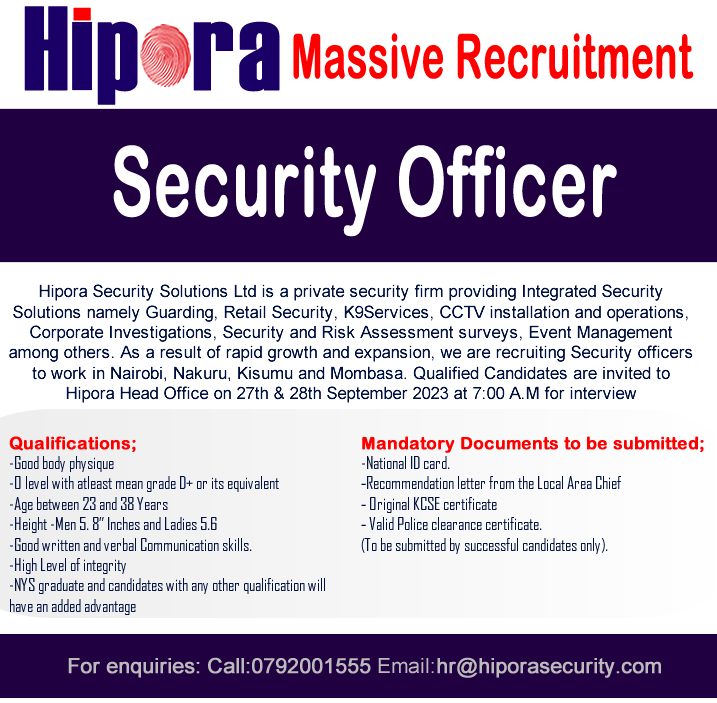HiporaBsea's tweet photo. MASSIVE!!!  Security Officers recruitment on 27th &amp; 28th September 2023 7:00am at our Head Office in Karen. https://t.co/MPyGUXuEKG