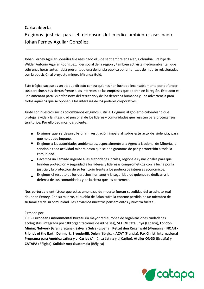 📣Hemos enviado esta carta abierta a diferentes instituciones colombianas reclamando justicia por el asesinato del defensor del territorio Johan Ferney Aguilar González. @FranciaMarquezM @susanamuhamad @MinEnergiaCo @UNPColombia @DAFP_COLOMBIA