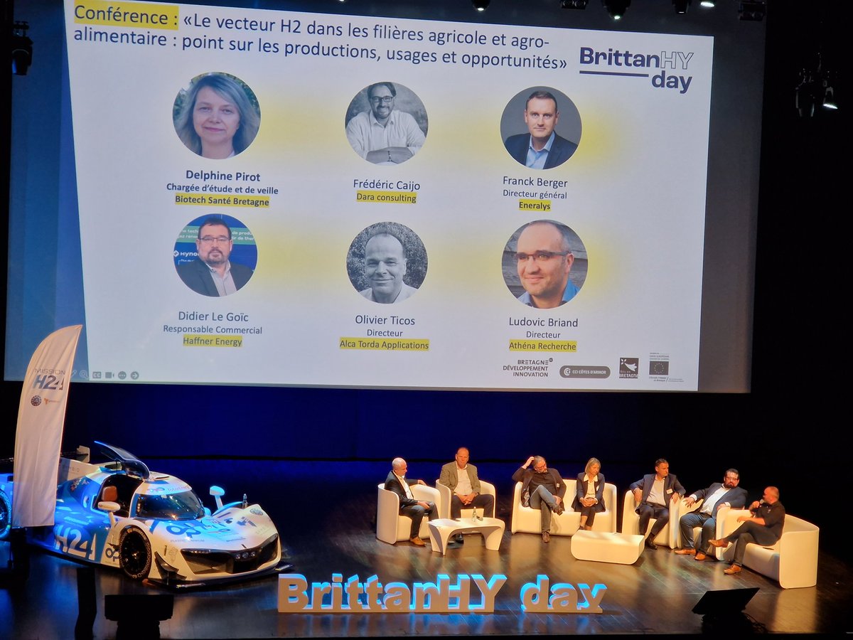 [DÉVELOPPEMENT DURABLE] #BrittanHYday Dernière conférence de la journée avant les pitchs d'entreprises. Le vecteur H2 dans les filières agricole et agro-alimentaire : point sur les productions, usages et opportunités, avec 6 intervenants ! #h2 #hydrogène #hydrogenevert