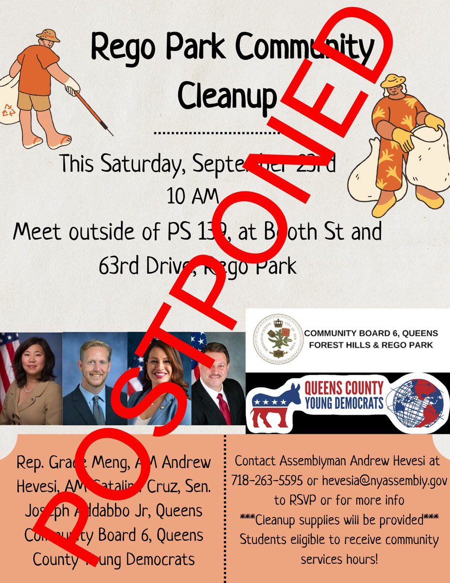 Due to the impending tropical storm, tomorrow's Rego Park community cleanup is ***POSTPONED***. We will be in touch about a rescheduled date, please stay safe this weekend.