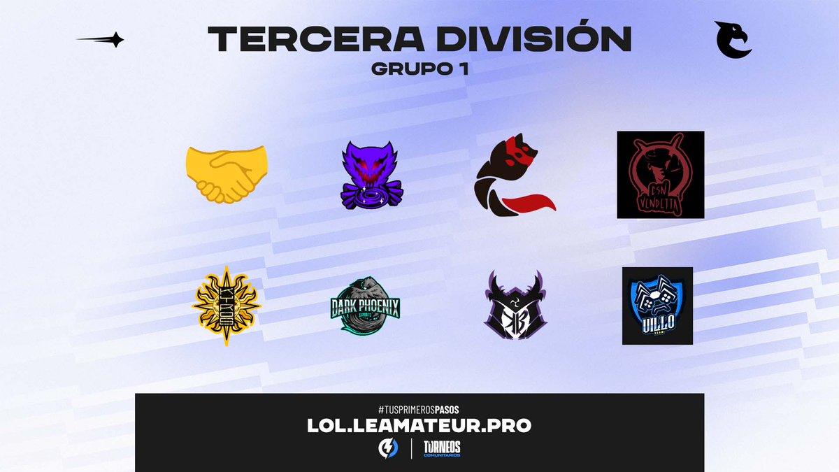 LEAmateur_'s tweet photo. Bienvenidos a la LEA 🌠

🏆Tercera División - Grupo 1

1⃣ Primicos
2⃣ @SomosAxia Centaurus
3⃣ Cerberus Esports Club
4⃣ Cossa Nosstra Vendetta
5⃣ @GamingKyros 
6⃣ Dark Phoenix Esports
7⃣ @budo_koryu Kuru
8⃣ Team Villo

#TusPrimerosPasos
https://t.co/AvECyzMTch https://t.co/QWGwZi0MfV