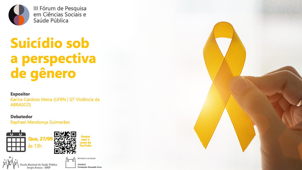 No dia 27/9, às 13h, o III Fórum de Pesquisa em Ciências Sociais e Saúde Pública vai debater ‘Suicídio sob a perspectiva de gênero’. Promovido pelo Departamento de Ciências Sociais (DCS) da ENSP, o evento terá como expositora Karina Meira, da UFRN e do GT de Violência da Abrasco.