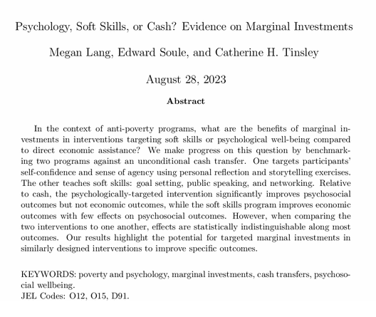 a_peterman's tweet photo. Accepted at #EDCC: Light touch ($35 equiv) psychological & soft skills training work to improve outcomes in each area when benchmarked against cash
* In 🇷🇼 among women participating in CARE group savings + GBV intervention
@econ_lang Soule & Tinsley
https://t.co/vPjsXF3uim https://t.co/wUpIOAkCGV