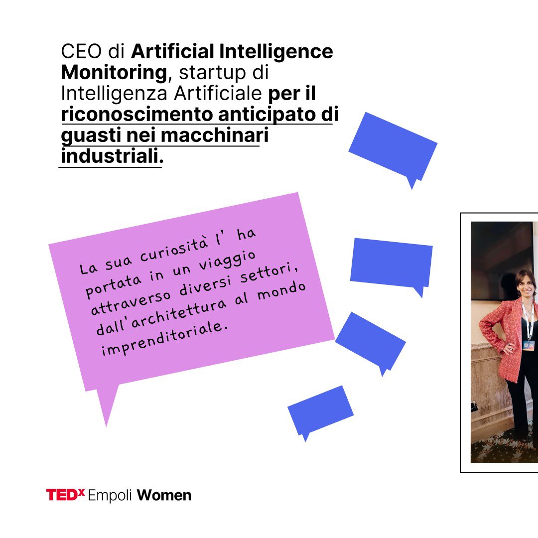 TEDxEmpoli's tweet photo. Sul palco del #TEDxEmpoliWomen anche
❌Giusi Fiorentino❌

Nel 2020 fonda, insieme ad altri, AIM – Artificial Intelligence Monitoring, di cui è CEO: una startup di intelligenza artificiale per il riconoscimento anticipato di guasti nei macchinari industriali. https://t.co/U4R7qyo9go