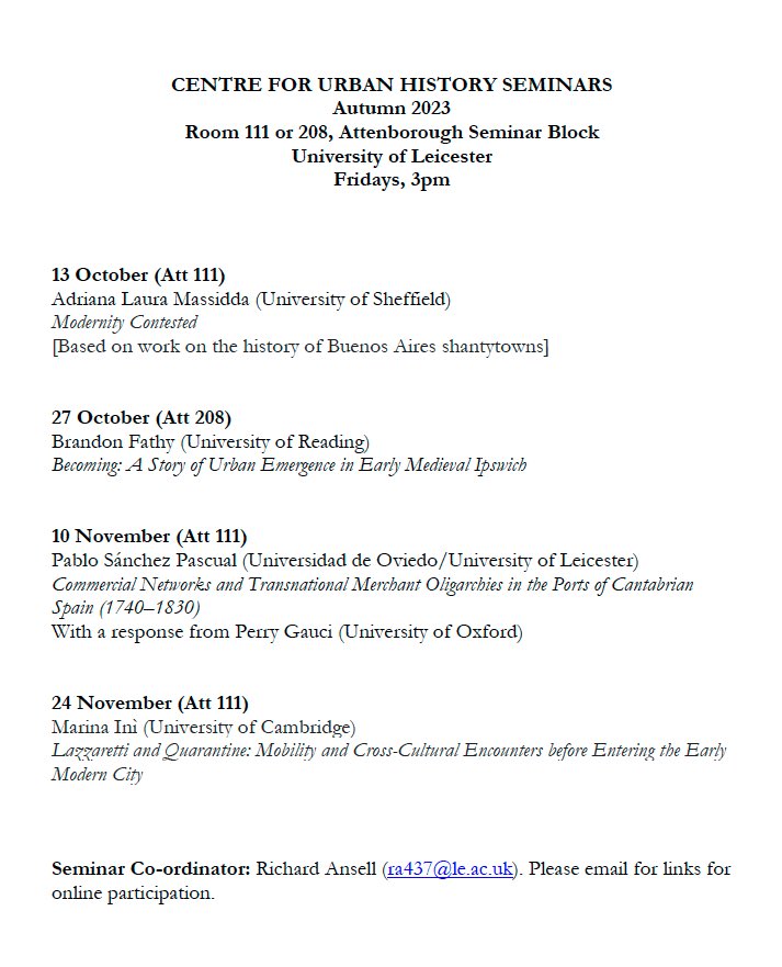 We are happy to have some great speakers on our seminar programme this semester, starting on 13 October. Looking forward to seeing you there in person or online! #UrbanHistory