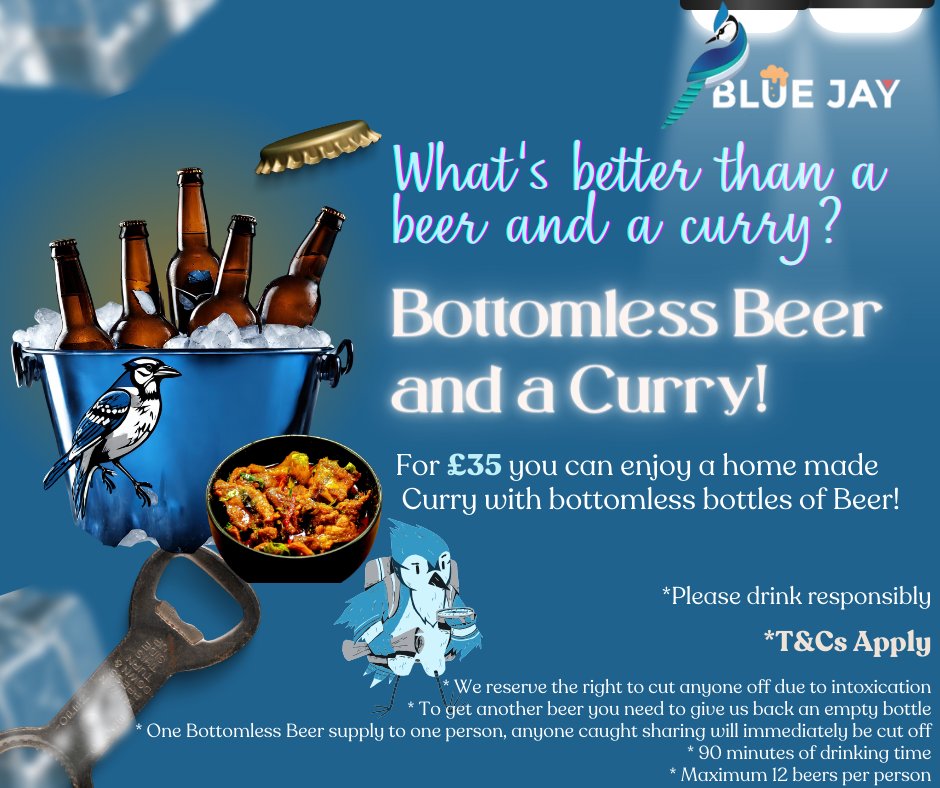 BlueJay193709's tweet photo. 🍻🍛 Sip, savor, and spice up your evening! Join us for a delightful feast of homemade Curry paired with unlimited bottles of Beer, all for just £35. It's a flavor-filled experience you won't want to miss! 
Check the offer at: https://t.co/v2S5ueayeb 
#BottomlessBeer #CurryNight https://t.co/KJTY15bk4B