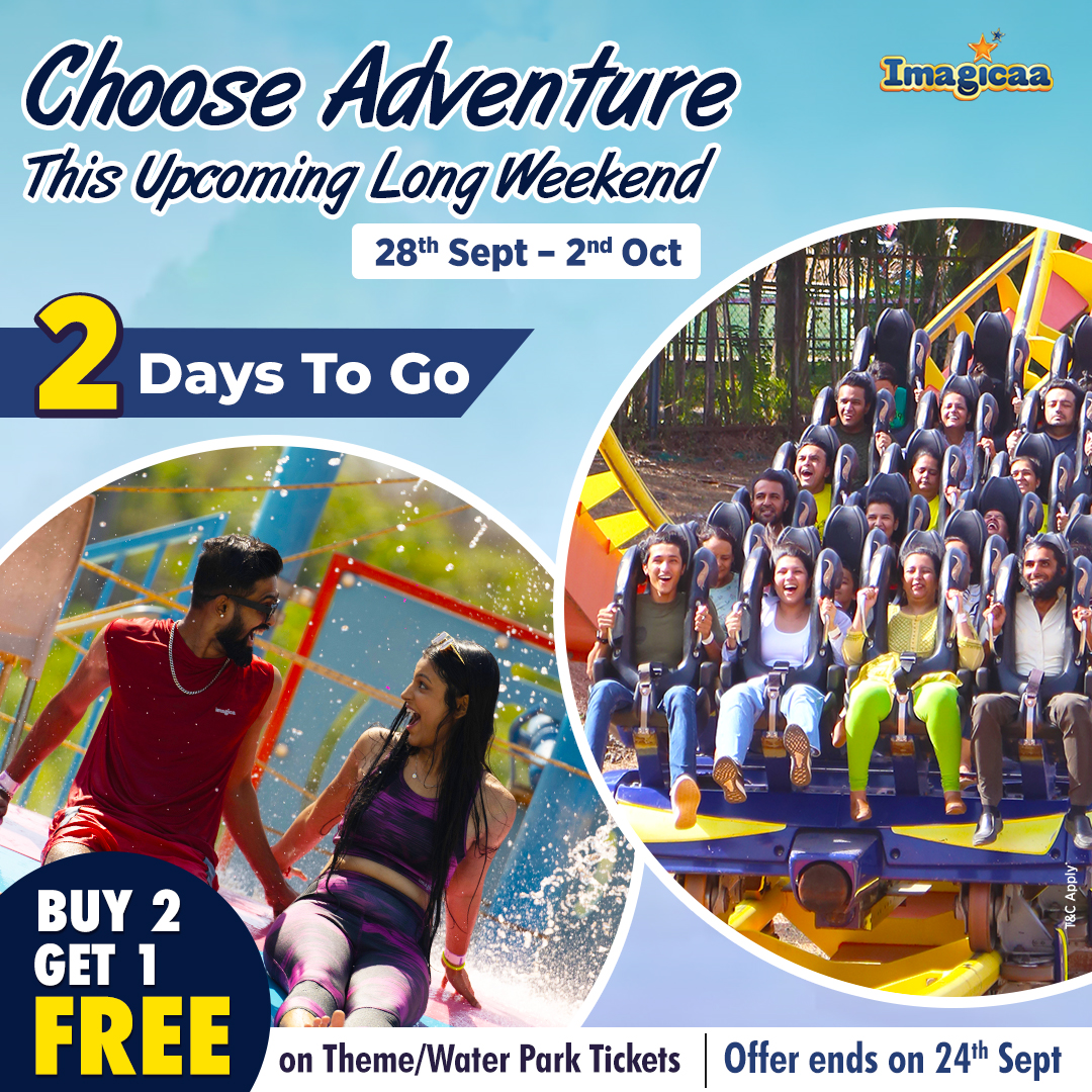 imagicaaworld's tweet image. Only 𝟐 𝐝𝐚𝐲𝐬 𝐥𝐞𝐟𝐭 to grab this offer!⏰ Buy 2 tickets and get 1 FREE at Imagicaa Theme Park/Water Park! Bookings open till 24th Sept. Click here to know more: bit.ly/3PHFnZq

#LongWeekendOffer #B2G1 #LongWeekend #WeekendGetaway #Imagicaa #AmusementPark #WaterPark
