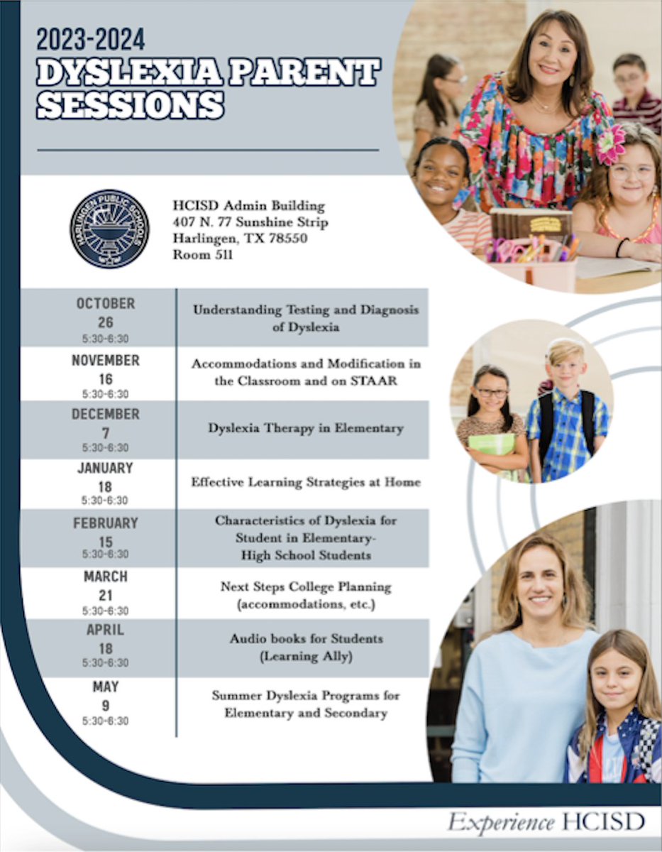 October is Dyslexia Awareness Month. HCISD kicks off this month with the Dyslexia Conference.  HCISD also provides informative parent sessions throughout the school year. I've attached the flyers for these sessions. Feel free to attend! #dyslexiaawarenessmonth2023 <a href="/HarlingenCISD/">HCISD</a>