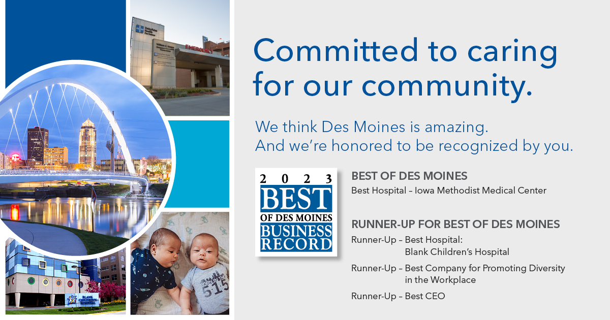 Thank you – again – for your continued support! We are honored to be among the 2023 Best of Des Moines Award winners. Congratulations to our team members, who are dedicated to improving the health of the people and communities we serve. #bestofdesmoines2023