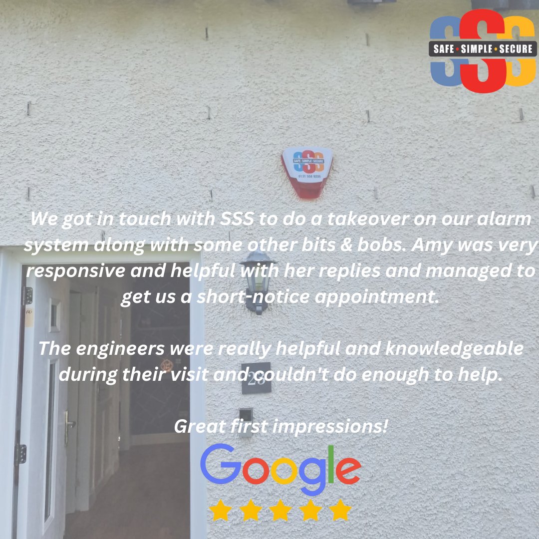 SafeSimpleSec's tweet image. Another 5* review from a happy customer this month.
If you are looking for a professional and friendly company to help with all aspects of fire &amp;amp; security  please do not hesitate to get in touch.
🔵 T:0131 558 9205
🔴 E: info@safesimplesecure.com
🟡 W: safesimplesecure.com