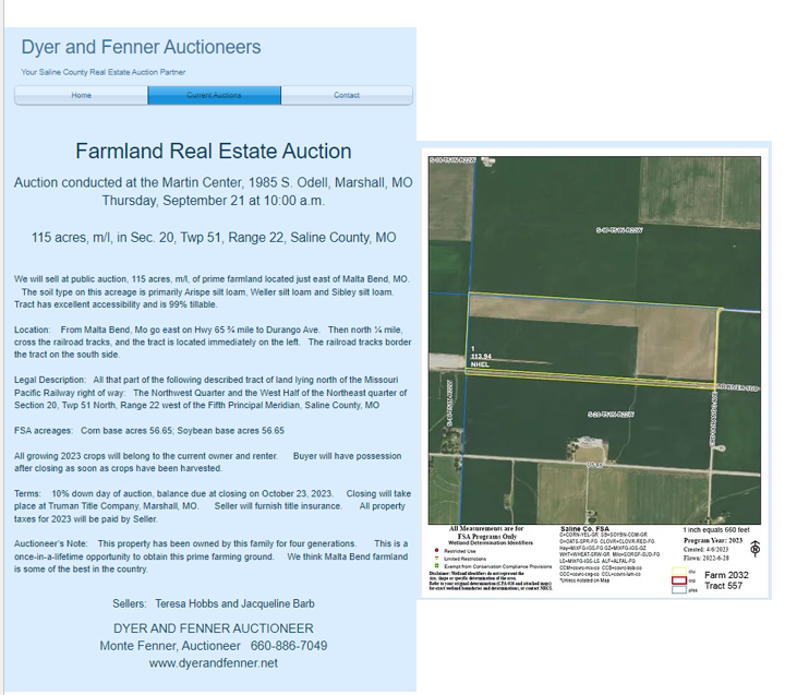 Records were meant to be broken..... SOLD SOLD SOLD!!!!! $4.0+ million or $34,800/acre X 115 acres; starting bid $15k; 2 local farmer bidders; price negotiated in minutes; NO DEVELOPMENT POTENTIAL; bought to farm; bidders were not related to sellers.  Near Malta Bend, MO in WC MO