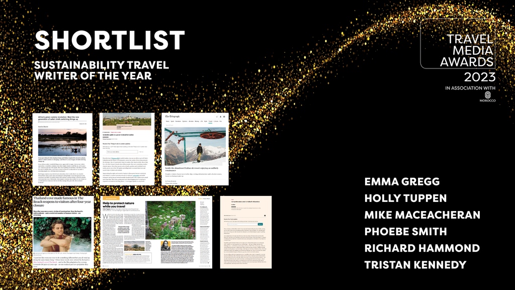 Here are the finalists for the Sustainability Traver Writer of the Year! @Emma_Gregg @hollytuppen @MikeMacEacheran @PhoebeRSmith @rgehammond @tris_kennedy The winner will be announced at the Travel Media Awards on the 23 October at The Savoy. Tickets travelmediaawards.com