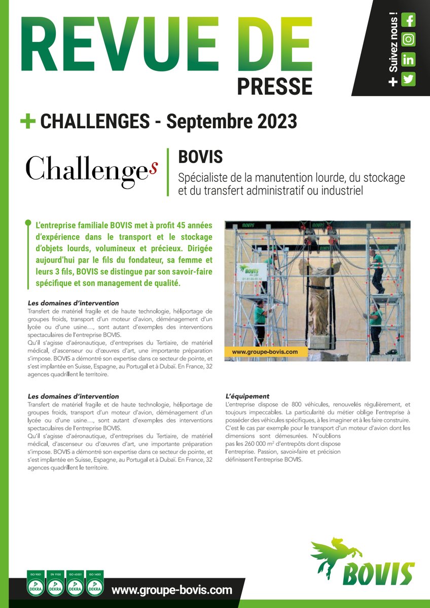 📰 La presse parle du Groupe Bovis !

 ✅ Article publié dans le magazine Challenges du 21/09/2023 :
 challenges.fr/entreprise/bov…

#GroupeBovis #BovisTransfert #TransfertIndustriel #ManutentionLourde #Levage #makingLightWork #liftingspecialists #ManutentionDelicate #toutestpossible