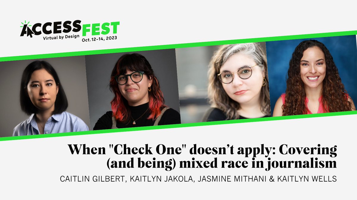 IRE_NICAR's tweet image. Discover the nuances of covering – and being – mixed race in journalism in this #AccessFest23 session. Panelists @caitlinsgilbert, @KaitlynJakola, @jazzmyth and @KaitWells will discuss best practices for working with #censusdata, talking to sources about their identity and…