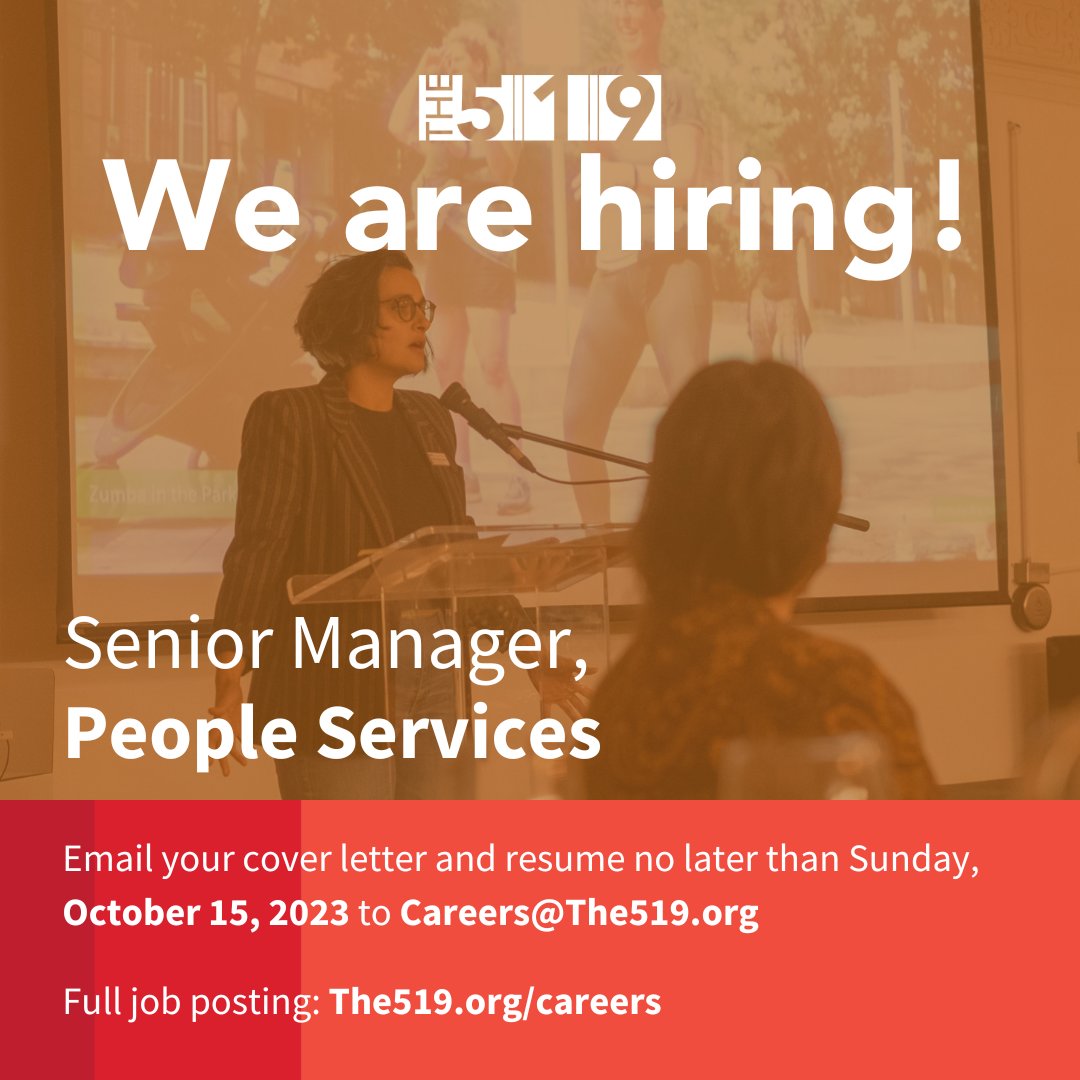 The 519 is hiring for the position of Senior Manager, People Services. Reporting to the Director, Finance, this position will lead the design, development, and implementation of The 519’s multi-year strategic People Services plans. More details at The519.org/careers