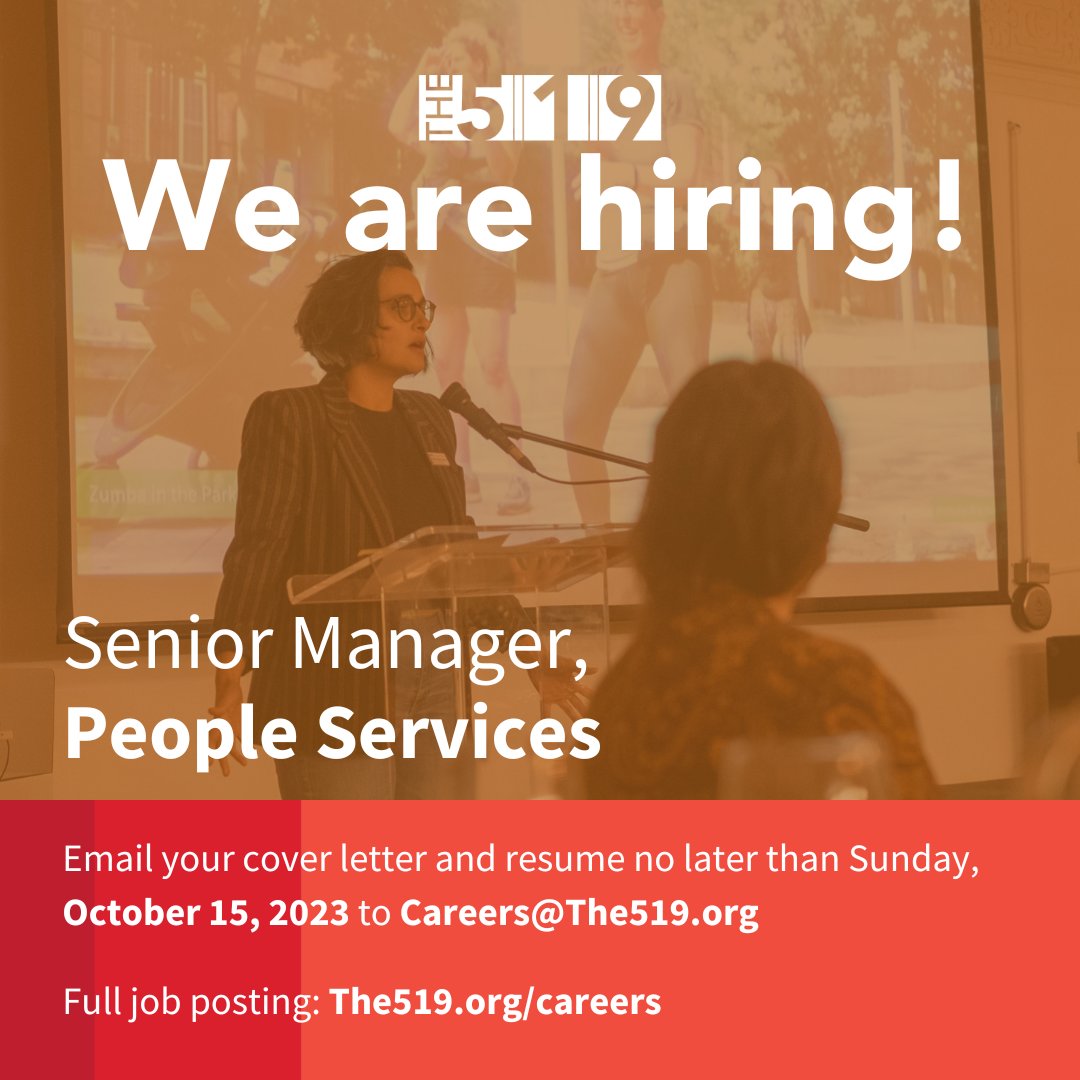 The 519 is hiring for the position of Senior Manager, People Services. Reporting to the Director, Finance, this position will lead the design, development, and implementation of The 519’s multi-year strategic People Services plans. More details at The519.org/careers