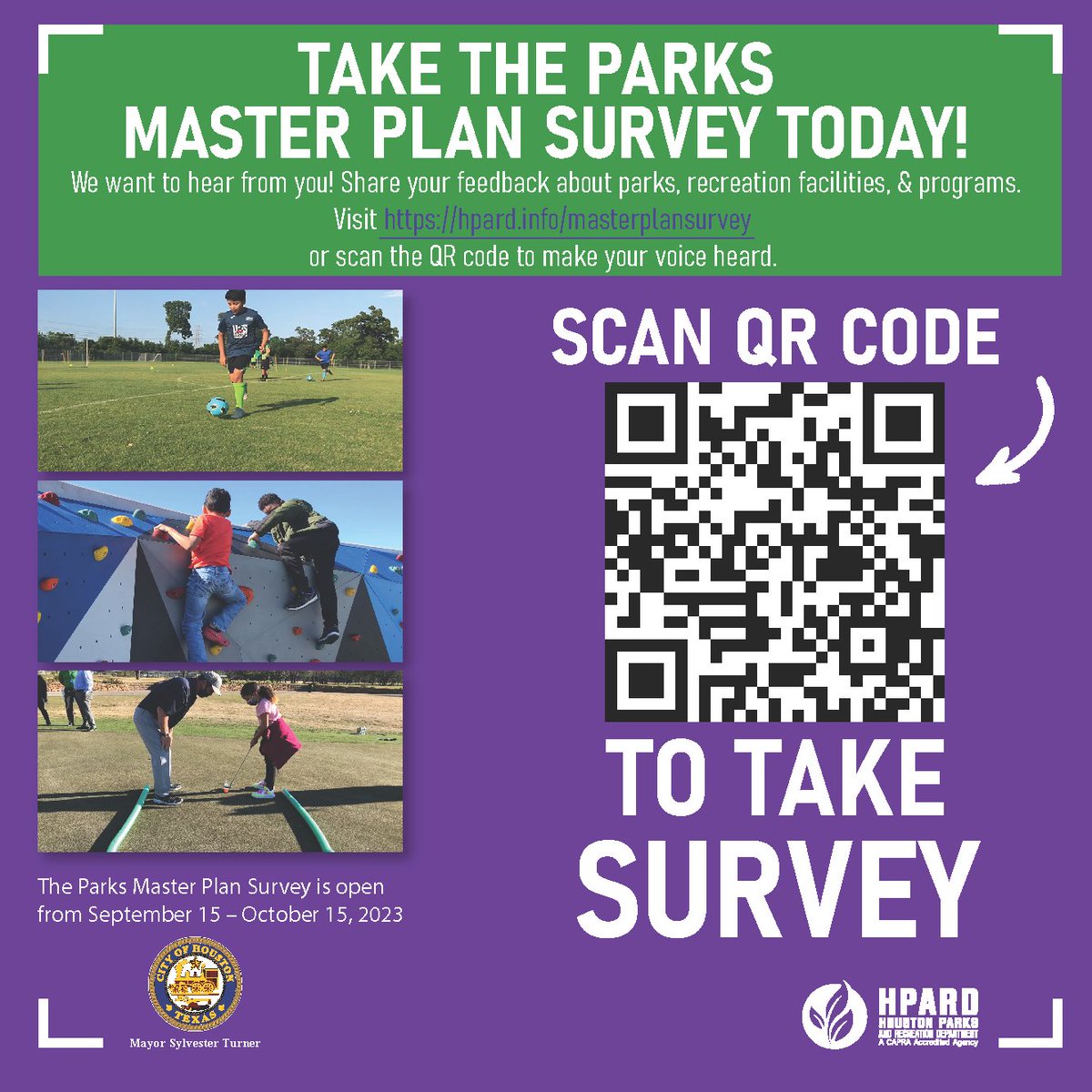 What do Houston parks mean to you?  Take this survey to give us the feedback we need to formulate the Houston Parks and Recreation Department's 2023 master plan: hpard.info/masterplansurv….