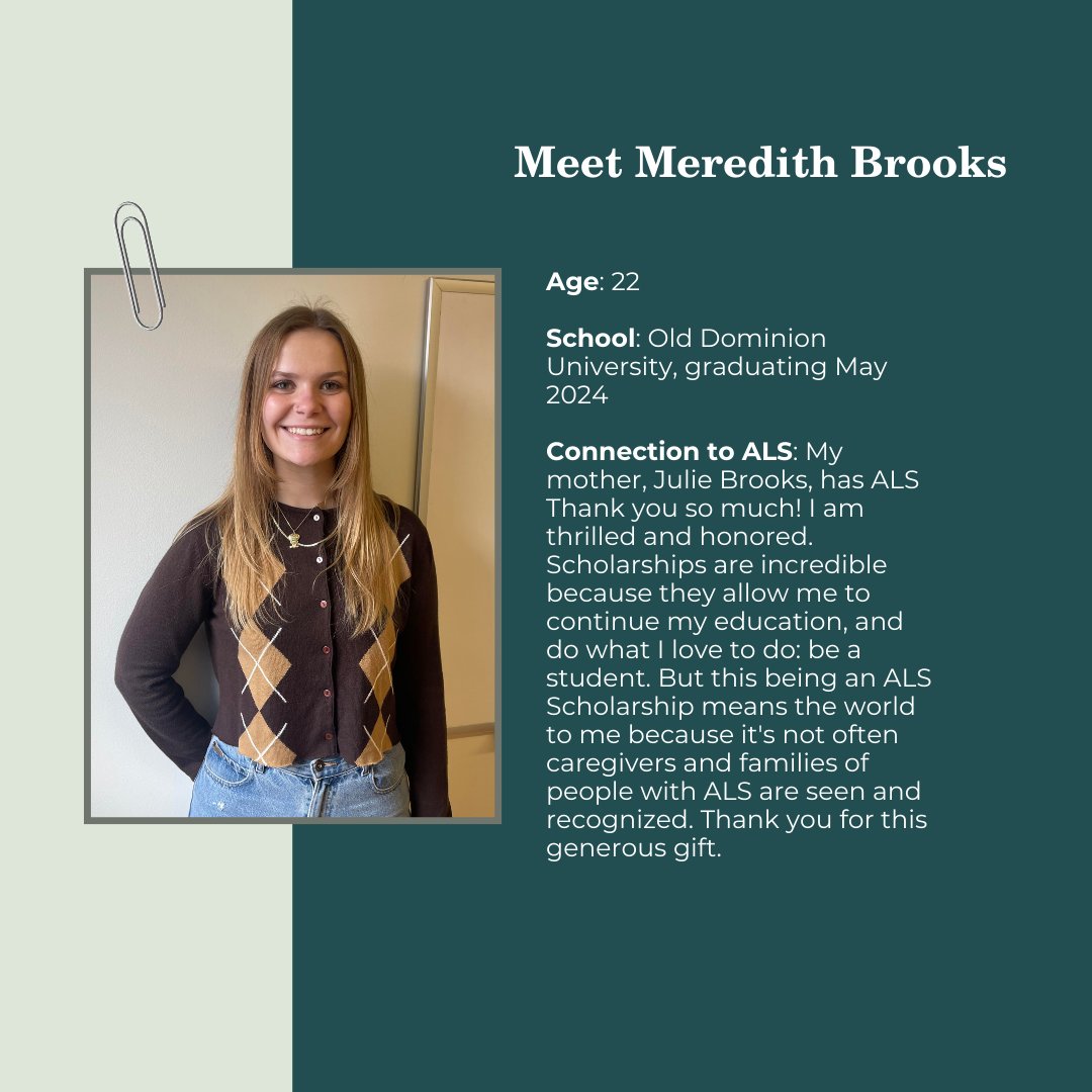 Congratulations to our second awardee of the Sara E.K. Cooper Scholarship! Today’s Spotlight: Meredith Brooks! ✨ #hopelovescompany #spotlight #ALSawareness