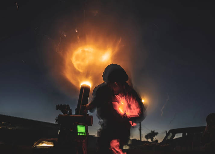 #FiresFriday, Coalition Forces light up the sky with 120mm illumination rounds using an XM905 Advanced Mortar Protection System from a fire base in the CENTCOM area of responsibility. #PeoplePartnersInnovation