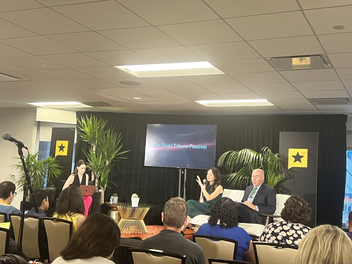 maestropina's tweet photo. So excited to be at #TribFest23 this year. Currently at a podcast recording called Teaching Texas. Rep. @GinaForAustin is talking about how the state’s new textbook approval process will affect teachers and curriculum. https://t.co/prtWBXZKNe