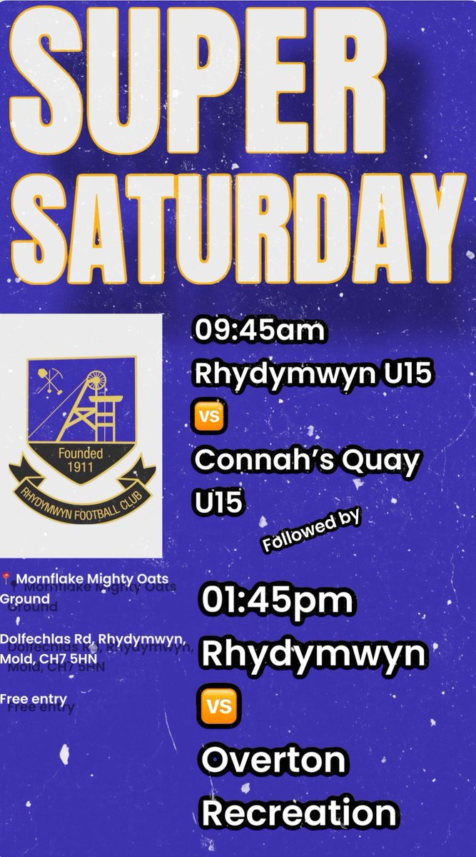 Football double header at Vicarage Road tomorrow as our talented U15's host Connahs Quay in the morning,  followed by The First Team against Overton in the afternoon 

Come down and support the lads 🔵⚽️