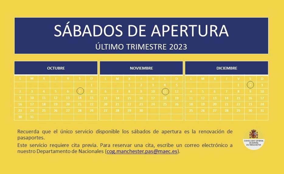 Consulado General de España en Mánchester (@cgespmanchester) on Twitter photo Si necesitas renovar tu 🛂 pasaporte, pero no puedes hacerlo de lunes a viernes, recuerda que en #CGMánchester🇪🇸 abrimos un sábado al mes.
Puedes reservar tu cita previa escribiendo a cog.manchester.pas@maec.es
🗓️exteriores.gob.es/Consulados/Man… Si necesitas renovar tu 🛂 pasaporte, pero no puedes hacerlo de lunes a viernes, recuerda que en #CGMánchester🇪🇸 abrimos un sábado al mes.
Puedes reservar tu cita previa escribiendo a cog.manchester.pas@maec.es
🗓️exteriores.gob.es/Consulados/Man…