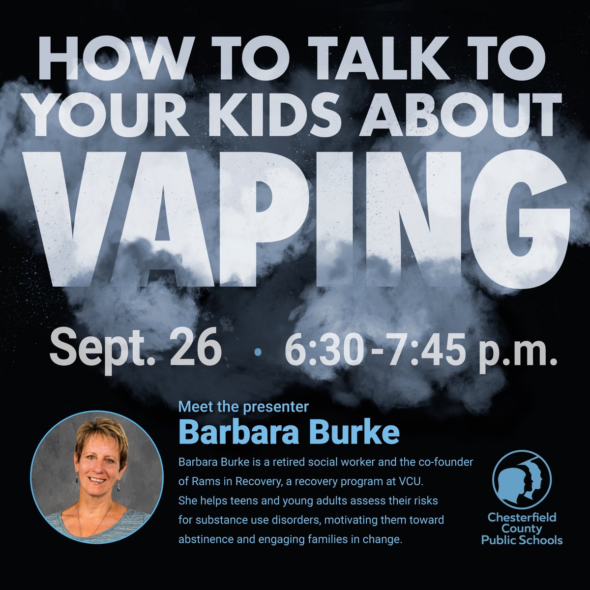 REMINDER‼️ #OneCCPS invites parents and guardians to a free program 6:30-7:45 p.m. Sept. 26 at the Career and Technical Center @ Hull (13900 Hull Street Road) to discuss and combat the dangers of vaping. ▪️ To learn more and register, visit bit.ly/stopvape_ctc.