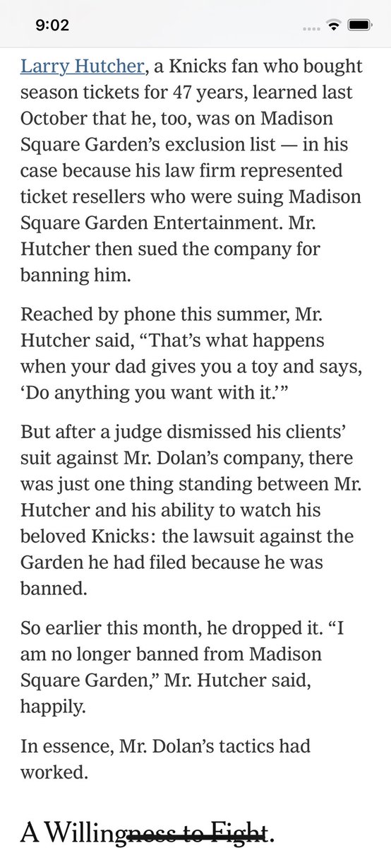 For those as obsessed as I am with the Madison Square Garden facial recognition ban on lawyers, an update in @katierosman’s big piece on James Dolan: His fiercest opponent dropped the leading lawsuit against the ban… because he wanted to get back in. nytimes.com/2023/09/20/nyr…