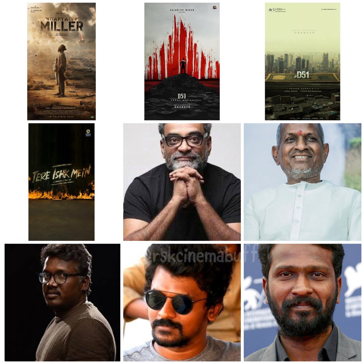 #Dhanush’s Upcoming line-ups🔥👍🎥

- #CaptainMiller on Dec🔥⏳ 
- #D50 act/directed by dhanush and shooting going on, title is #Raayan ✅⏳
- #D51 directed by #Sekarkammula , shooting this year end!✅⏳
- Next Hindi movie #TereIshqMein ✅⏳
- #Balki directional #Ilayaraja biopic